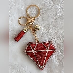 Red Diamond-Shaped Keychain with Gold Accents Bag Charm